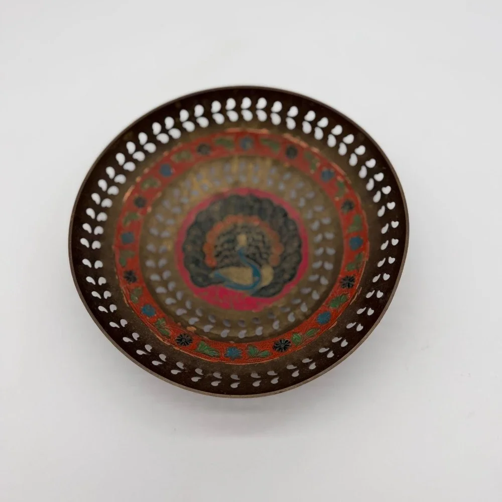 Vintage Enameled Brass Peacock Bowl Pierced Edges Hand Painted India 7.25in